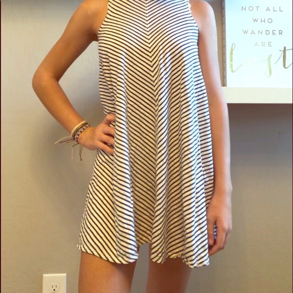 Blue and white striped shirt dress